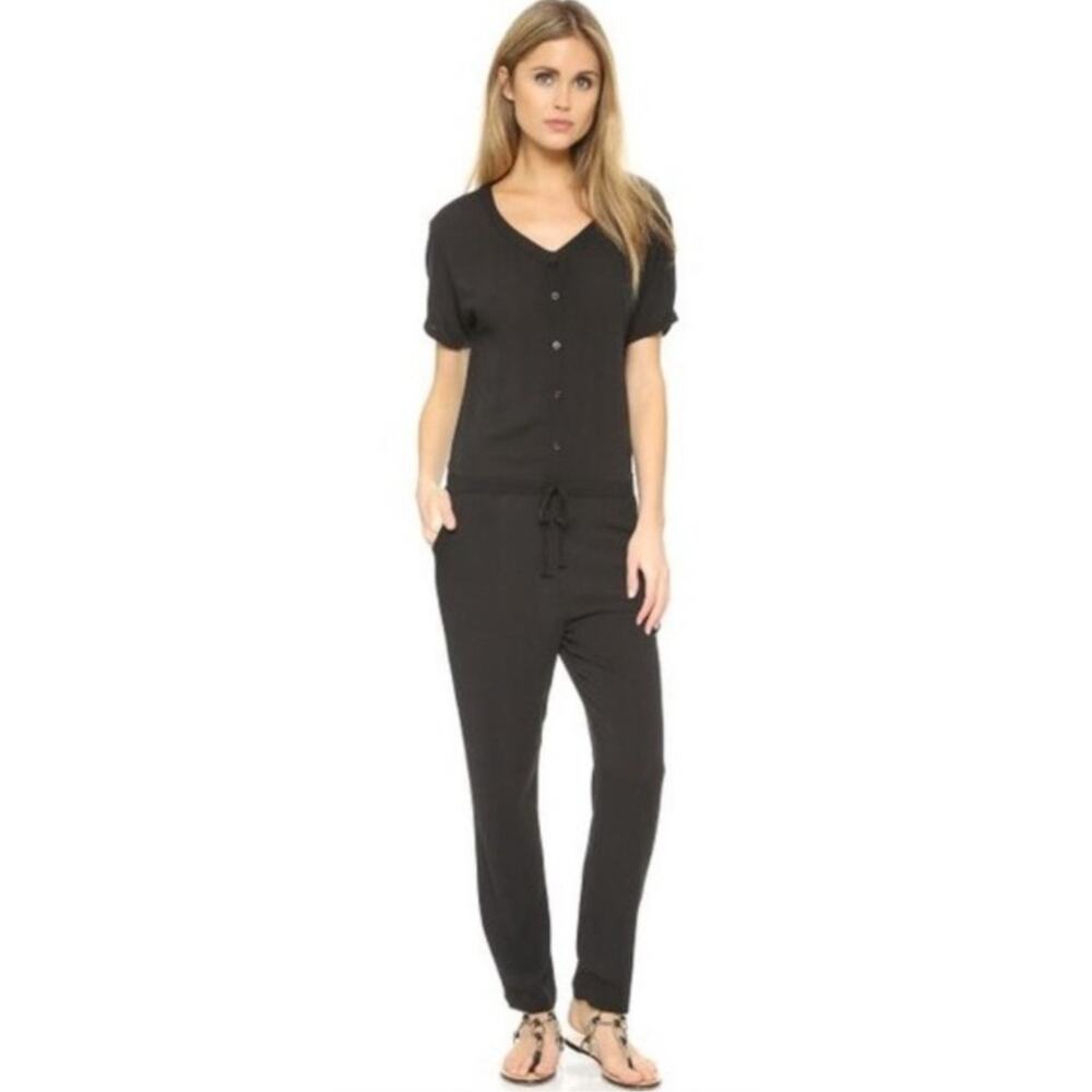 Wildfox‎ Black Crepe Viscose Short Sleeve Jumpsuit Bohemian Casual Waist-Tie L